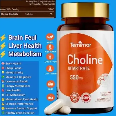 Choline, Supports Liver & Brain Health, High Absorption, Choline Bitartrate, 550mg, Fetal Health, Made in USA, 60 Caps Choline