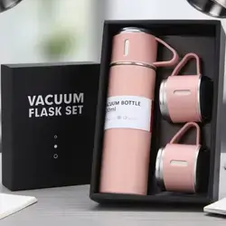 Pink Steel Vacuum Flask Set with Bottle and 3 Cups Insulated Mug, Vacuum Insulated Travel Flask and Cup Combo 500 Ml.