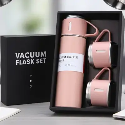 Pink Steel Vacuum Flask Set with Bottle and 3 Cups Insulated Mug, Vacuum Insulated Travel Flask and Cup Combo 500 Ml.