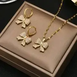 Butterfly Tie Necklace with Earrings Studded with Zircon