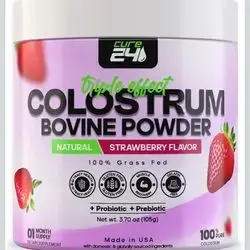 Bovine Colostrum X3 Supplement , 100% Pure Natural Grass Fed biovine colostrum Superfood, High IgG, Probiotics & Prebiotic, Natural Strawberry Flavor, Made in USA, 105 gram, probiotics, prebiotics, lactoferrin