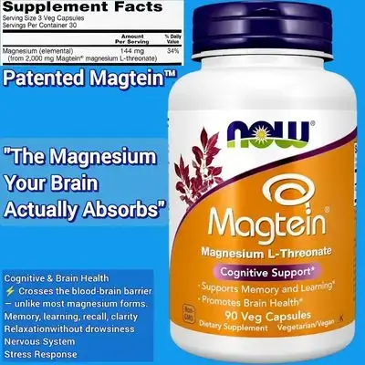 NOW Foods Supplements, Magtein, with patented form of Magnesium (Mg), Cognitive Support, brain, memory, learning, recall, clarity, Absorbable by the Brain, magnesium L-Threonate, magnesium Threonate, 90 Caps Magnesium 