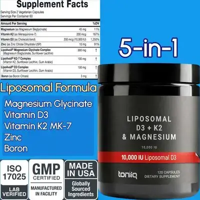 5-in-1 Advanced Liposomal Formula, Liposomal Vitamin D3 K2, Liposomal Magnesium Glycinate, K2 MK-7, Zinc, Boron, Third-Party Tested, ISO Certified, 120 Capsules D3 K2