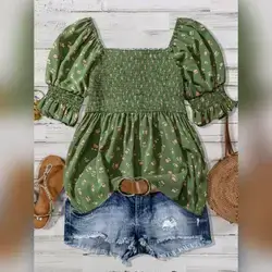 Linhara Plus Size Floral Print Puff Sleeve Smock Blouse - 2XL
