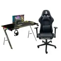 GAMING TABLE A SHAPED AGGT 180CM + Playstation Gaming Chair With Foot Rest (Black) F-076A