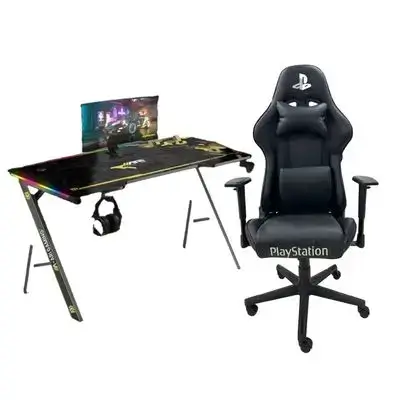 GAMING TABLE A SHAPED AGGT 180CM + Playstation Gaming Chair With Foot Rest (Black) F-076A