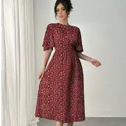 Calvaya Blue Romantic Vacation Dress, Round Neck Flounce Short Sleeve Ditsy Floral Waist Flared Mid-Length Casual Dress Size: Medium