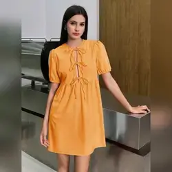 INAWLY Tie Front Puff Sleeve Smock Dress- Small