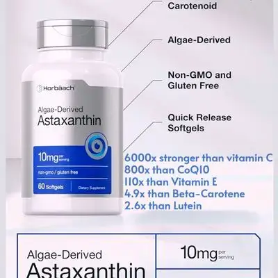 Astaxanthin 10mg, Algae Derived Formula, 5mg per Softgel, Astaxanthin supplement, skin health (reduced wrinkles, increased elasticity), eyes, immune system, reduced inflammation, super antioxidant, 60 Softgels