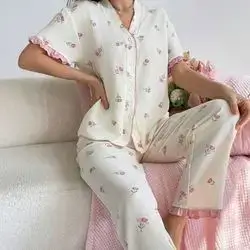 Women's Short Sleeve Ruffled Floral Print Button-Down Cardigan And Straight Leg Casual Pants 2-Piece Set Size: Large