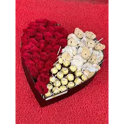 Box Of Red Flowers With Accessories, 49 Flowers