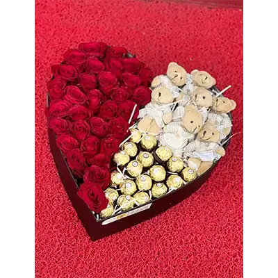 Box Of Red Flowers With Accessories, 49 Flowers