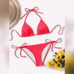 Swim Vcay 2 Pieces Solid Color Pink Bikini Swimwear - Medium