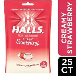 HALLS. throat soothing 25drops Creamy strawberry 