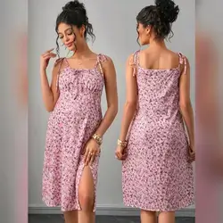Momance Pink Casual Ditsy Floral Slit Strap Dress - Large