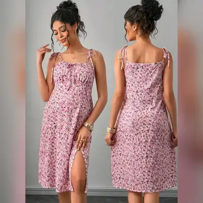 Momance Pink Casual Ditsy Floral Slit Strap Dress - Large