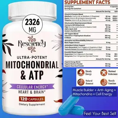 Mitochondrial Supplements with ATP, Vitamins, CoQ10 & PQQ & D-Ribose, Carnitine, More Effective Than Creatine + HMB & Nitric Oxide, Energy, Endurance, Strength, Recovery & Muscle, Anti-aging, Organic, 120 Caps ATP