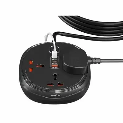 Moxom MX‑ST26 6-in-1 Power Strip with 3m Cable | Multi-Socket Extension – Black