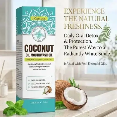 KÖRMESIC Coconut Oil Mouthwash oil with a free toothbrush and tongue scraper