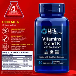 Vitamins D and K،with Sea-Iodine, Iodine, vitamin K1, Vitamin K2 mk4, vitamin k2 MK7, Sea-Iodine, Bone Brain Thyroid Arterial support, Once Daily, Gluten Free, 60 Count Vitamin D K