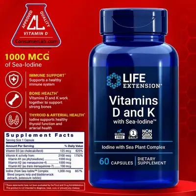 Vitamins D and K،with Sea-Iodine, Iodine, vitamin K1, Vitamin K2 mk4, vitamin k2 MK7, Sea-Iodine, Bone Brain Thyroid Arterial support, Once Daily, Gluten Free, 60 Count Vitamin D K