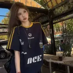 Women Loose Stripe Contrast Color Letter Print Short Sleeve T-Shirt - Medium