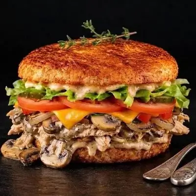 Minced Chicken Burger With Cheese And Grilled Mushroom