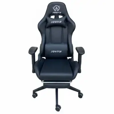 black JOYFLY ergonomic gaming chair with a retractable footrest.
