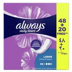 Always Daily Liners Extra Protect Pantyliners, Large, 48+20 Count