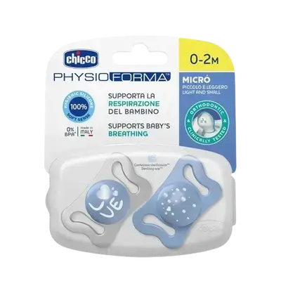 PHYSIOFORMA Micro Light And Small Silicone Pacifier 0-2m Blue 2 Pcs _ Chicco