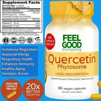 Feelgood Superfoods, Quercetin Phytosome, Quercetin, Immune & Respiratory Health, Anti-aging, Seasonal Allergy, 20X Better Absorption Phytosome Technology, Premium Antioxidant, NO Microplastics, 60 Capsules Quercetin 