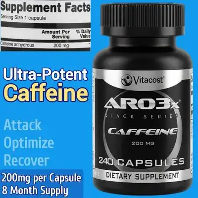 Caffeine, 200mg, 8 Month Supply, ARO3x® Black Series, Energy with No Sugar and Calories, 240 Capsules Caffeine