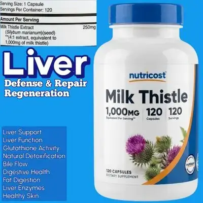Nutricost Milk Thistle 1000mg, 4:1 Extract, 1000mg Equivalent, Silymarin, milk thistle, liver health, Detoxification, fat digestion, bile flow, skin health, 120 Capsules milk thistle