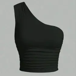 SHEIN EZwear Black Knit One-Shoulder Tops - 2XL