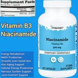 Vitamin B3, 500mg, Niacinamide, Niacin, 200 Capsules Niacinamide