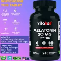 Melatonin 20 mg, Drug Free - Natural Berry Flavor - Vegetarian, Non-GMO, Gluten Free, melatonin, sleep, rest & recover, increased Growth Hormone, cell repair, Potent Antioxidant, 240 Fast Dissolve Tablets Melatonin