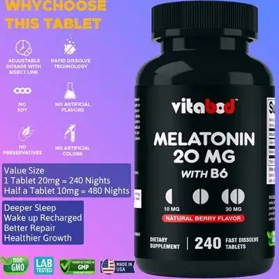 Melatonin 20 mg, Drug Free - Natural Berry Flavor - Vegetarian, Non-GMO, Gluten Free, melatonin, sleep, rest & recover, increased Growth Hormone, cell repair, Potent Antioxidant, 240 Fast Dissolve Tablets Melatonin