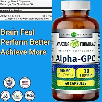Alpha-GPC 600mg, Ultra Pure & Potency, Made in USA, Alpha GPC, Sharper Brain, Memory, faster Learning, improved Recall, Neurotransmitters, 60 Capsules alpha gpc 