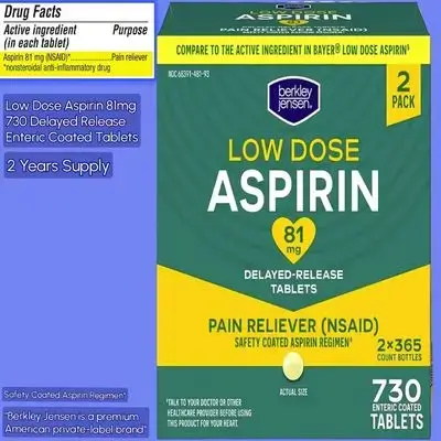 Aspirin 81mg Low Dose, DELAYED-RELEASE, Enteric Coated Tablets, NSAID Pain Reliever & Fever Reducer, for Minor Aches, Muscle Pain & Cramps. Safety Coated, Made in USA, 730 Coated Tablets aspirin