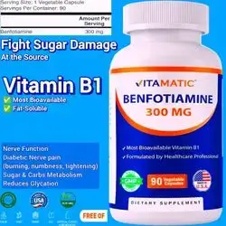 Benfotiamine, 300mg, Fat Soluble Vitamin B1, Superior Absorption B1, Vitamin B1, Fights Sugar damage, Carbs and Sugar Metabolism, Nerves and Neuropathy, Stress Relief, 90 Caps Benfotiamine