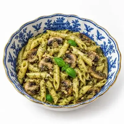 Penne with mushrooms and pesto sauce