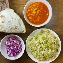 Rice with Beans, Bean Broth, Bread and Salad