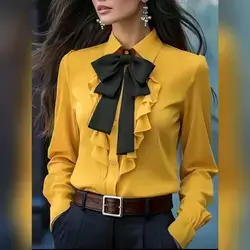 Women's Elegant Ruffle Bow Detail Long Sleeve Shirt - Medium
