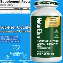 Magnesium Glycinate, 2307mg Magnesium Glycinate, 300mg Elemental Magnesium, Ultra Pure, Gentle on the Stomach, for Stress Relief, Sleep, Muscle, Nerves, Heart, Metabolism, Lab-Tested, Magnesium, 270 Capsules Magnesium Glycinate