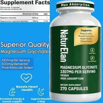 Magnesium Glycinate, 2307mg Magnesium Glycinate, 300mg Elemental Magnesium, Ultra Pure, Gentle on the Stomach, for Stress Relief, Sleep, Muscle, Nerves, Heart, Metabolism, Lab-Tested, Magnesium, 270 Capsules Magnesium Glycinate