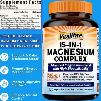Magnesium Complex, 510mg, 15 in 1, Maximum Absorption, Magnesium Glycinate, Malate, Taurate, Citrate & More for Bones, Heart, Recovery, Energy, Pure and Potent, 120 Capsules magnesium