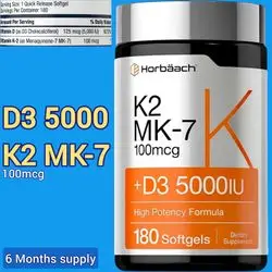 Vitamin D3 K2, D3 5000 IU, Vitamin K2 100mcg, vitamin K2 MK7, vitamin D, d3 k2, One-Per-Day, 180 Softgels D3 K2