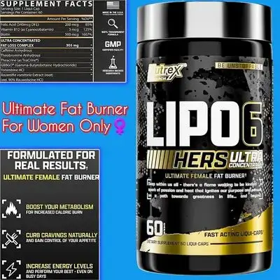 Lipo-6 Black Hers Ultra Concentrate, Weight Loss Pills for Women, Fat Burner, Appetite Suppressant, Metabolism Booster for Weight Loss + Hair, Skin, & Nails Support, 60 Diet Pills