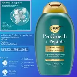 OGX ProGrowth + Peptide Clarifying Shampoo, Gentle Exfoliating Scalp Shampoo Supports Natural Hair Growth by Removing Scalp Build-Up, 1.5% Mandelic Acid, 13 fl. oz