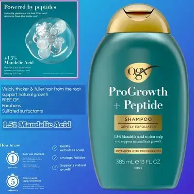 OGX ProGrowth + Peptide Clarifying Shampoo, Gentle Exfoliating Scalp Shampoo Supports Natural Hair Growth by Removing Scalp Build-Up, 1.5% Mandelic Acid, 13 fl. oz